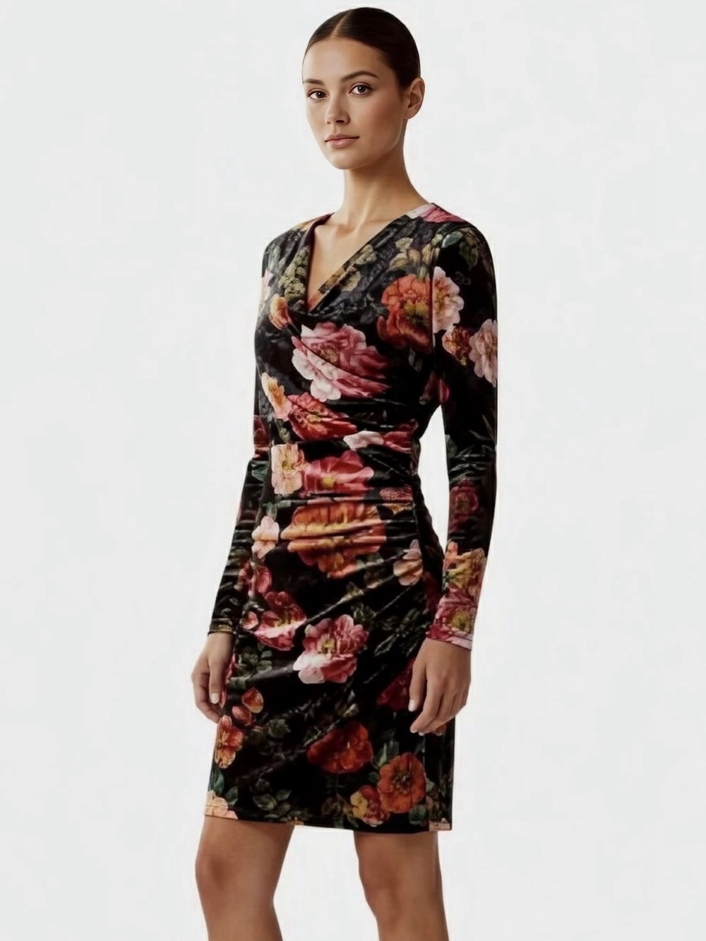 GUESS Eco Tess Peony Charm Print Long Sleeve Velvet Mini Dress--NWT--S